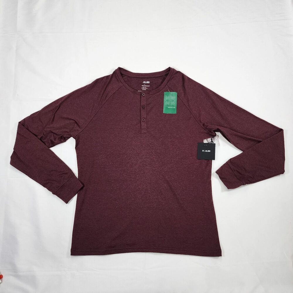 NWT 01.Algo Men's Henley Brandon Performance Burgundy Shirt Long Sleeve Size M
